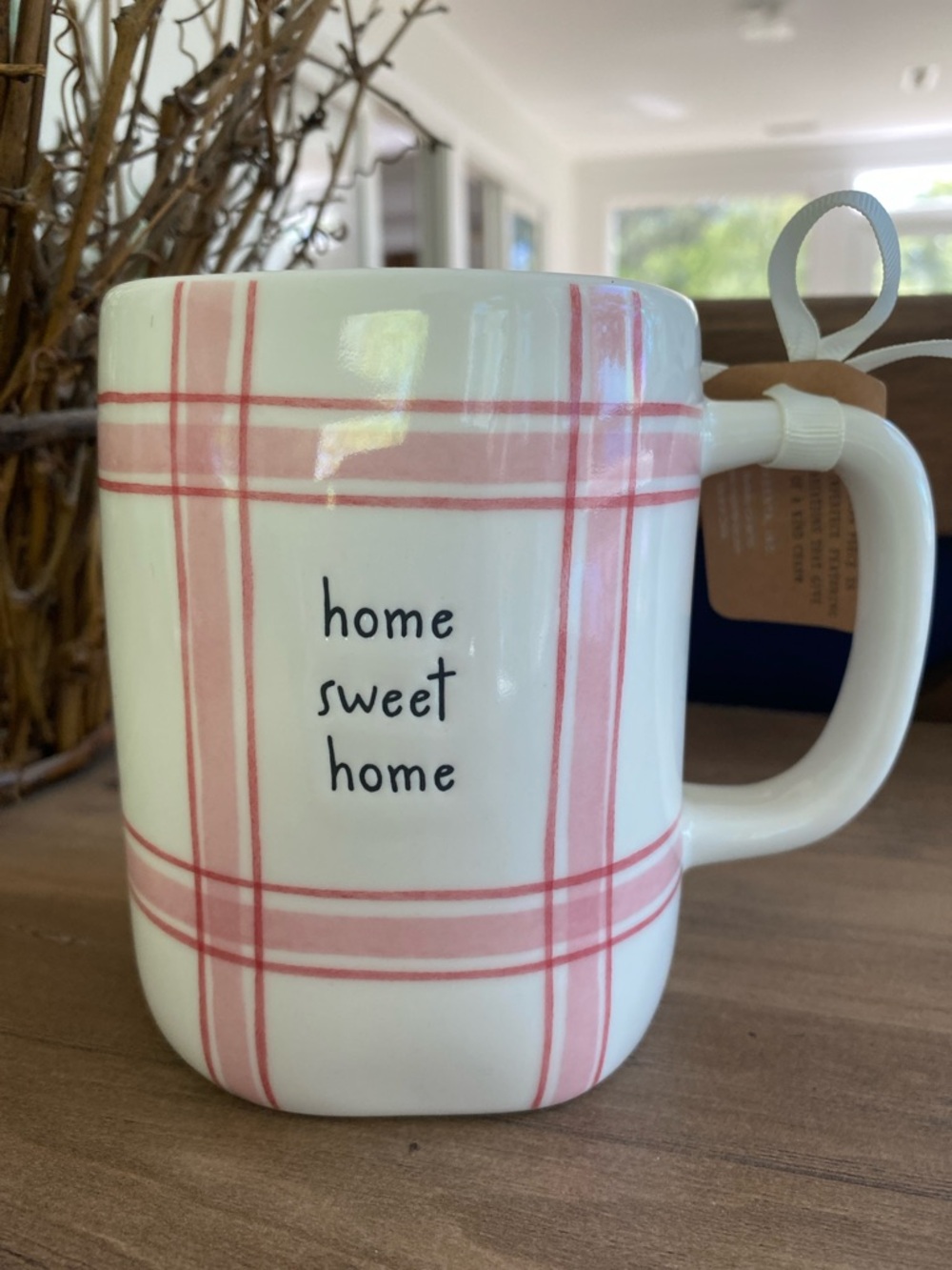 Rae Dunn Pink Plaid "home sweet home" Ceramic Mug